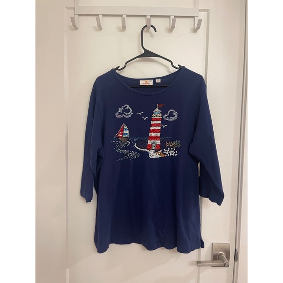 Tops - Vintage Sailor East Coastal GrandmaCore Sequined Sailing Blouse Americana‎